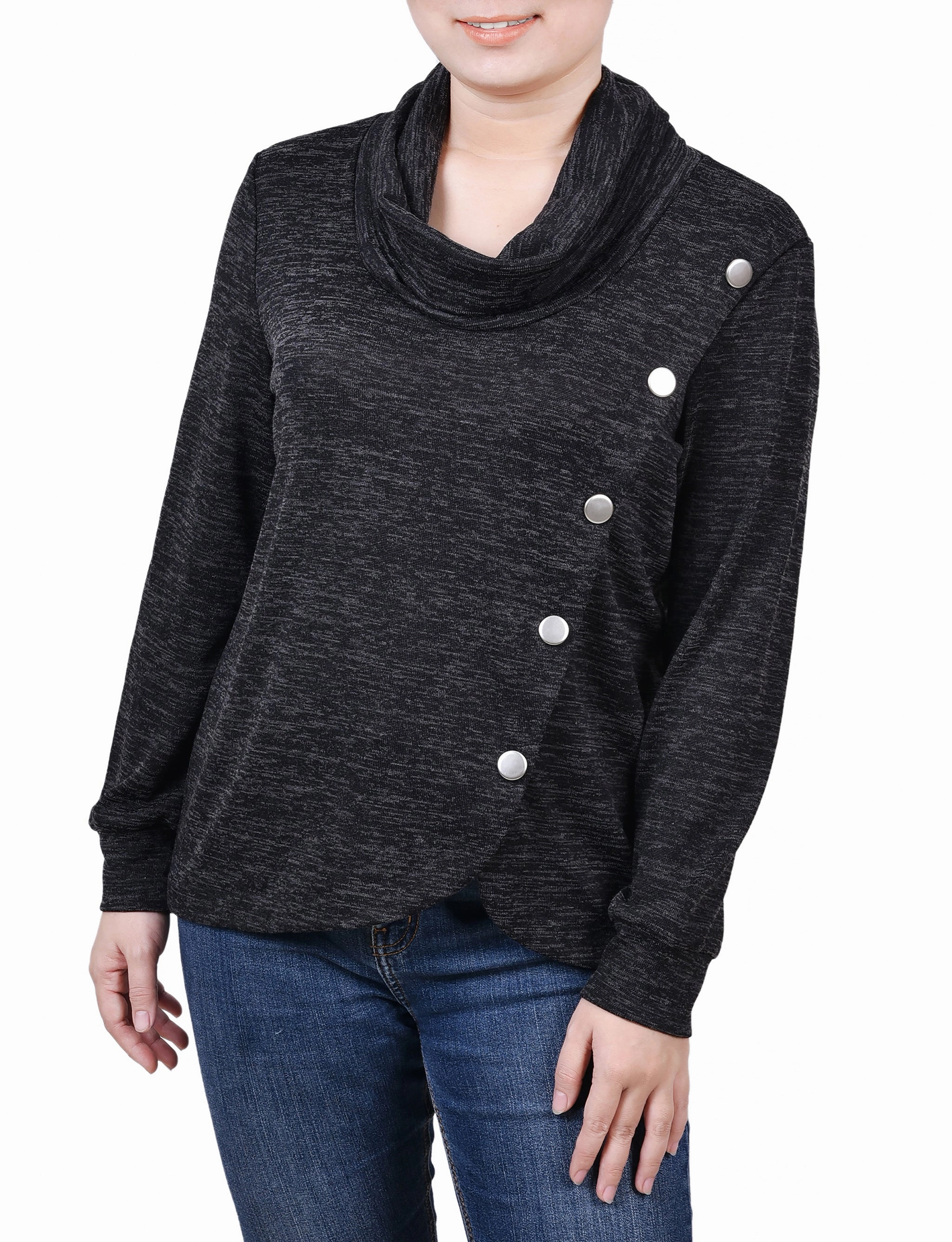 Crisp Texture Long Sleeve Overlapping Cowl Neck Top