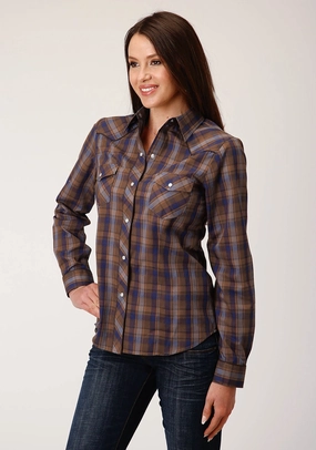 Outerwear Companion Roper Womens Camel Brown Plaid Blue Cotton Blend L/S Shirt