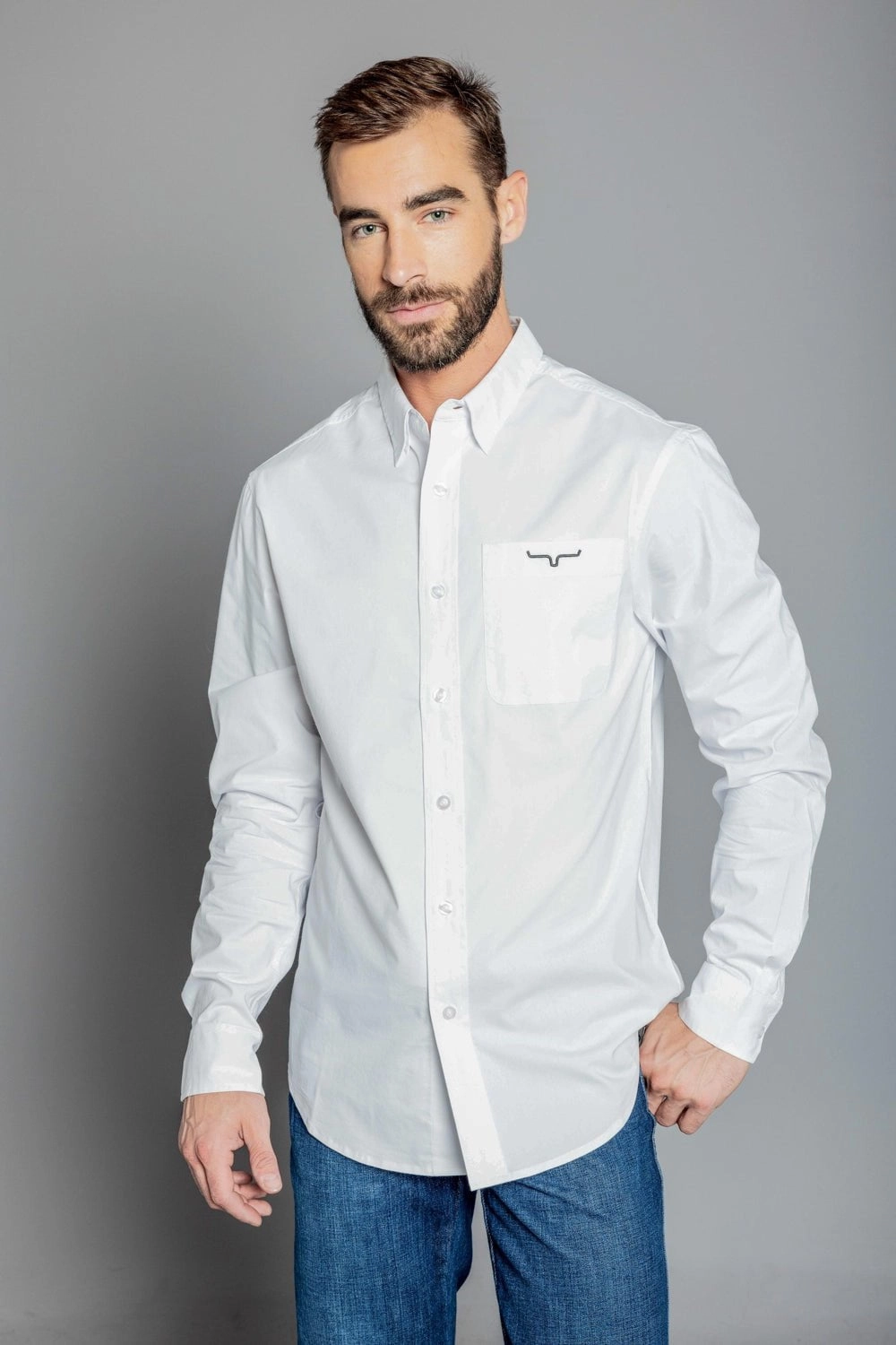 Kimes Ranch Mens Team Shirt White Cotton Blend L/S Shirt Camouflage Style