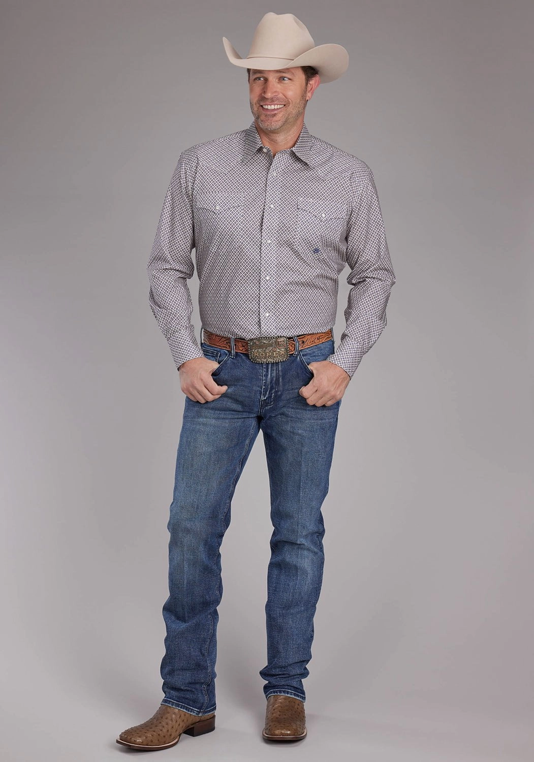 Roper Mens 2384 Pinwheel Foulard Khaki 100% Cotton L/S Shirt Durable Material Embroidered Logo