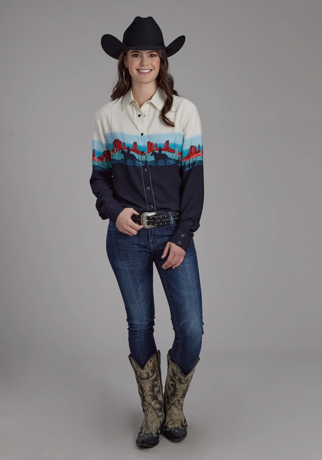 Roper Womens Western Border Snap Black 100% Rayon L/S Blouse Non Iron Fabric Stylish Element