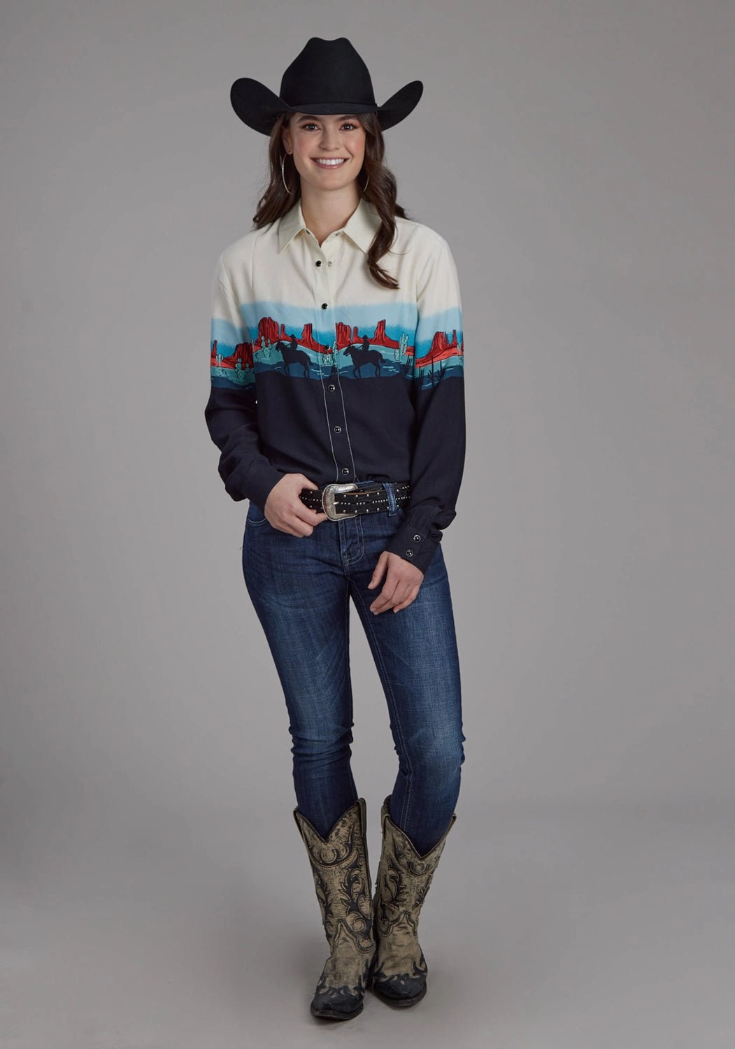 Roper Womens Western Border Snap Black 100% Rayon L/S Blouse Subtle Details