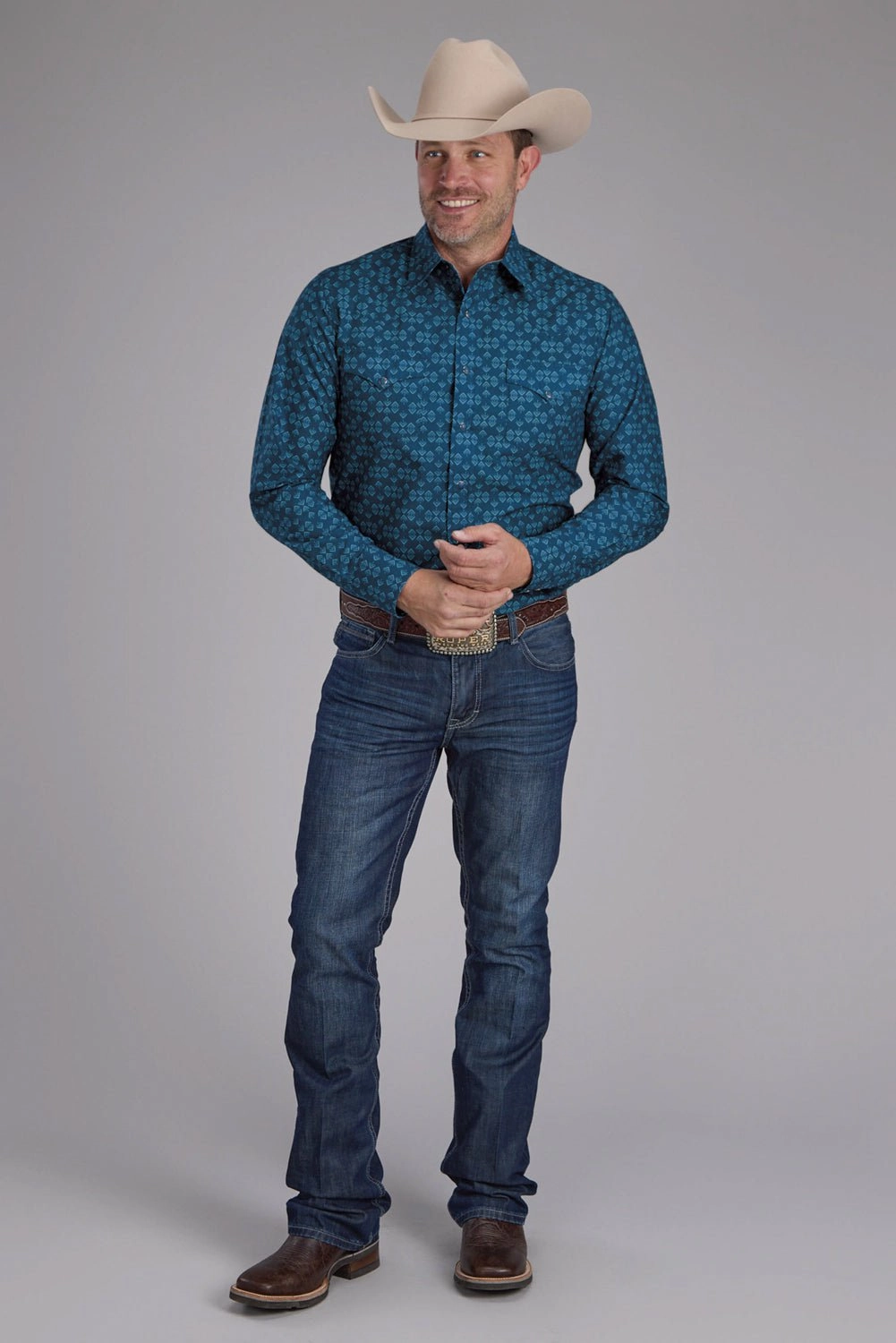 Roper Mens 2350 Diamond Print Blue 100% Cotton L/S Shirt Classic Design Bold Hue