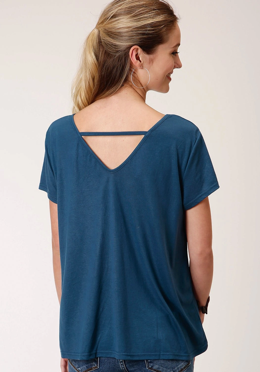 Geometric Design Warm Layers Roper Womens Navy Blue Poly/Rayon Buffalo Yoke S/S T-Shirt