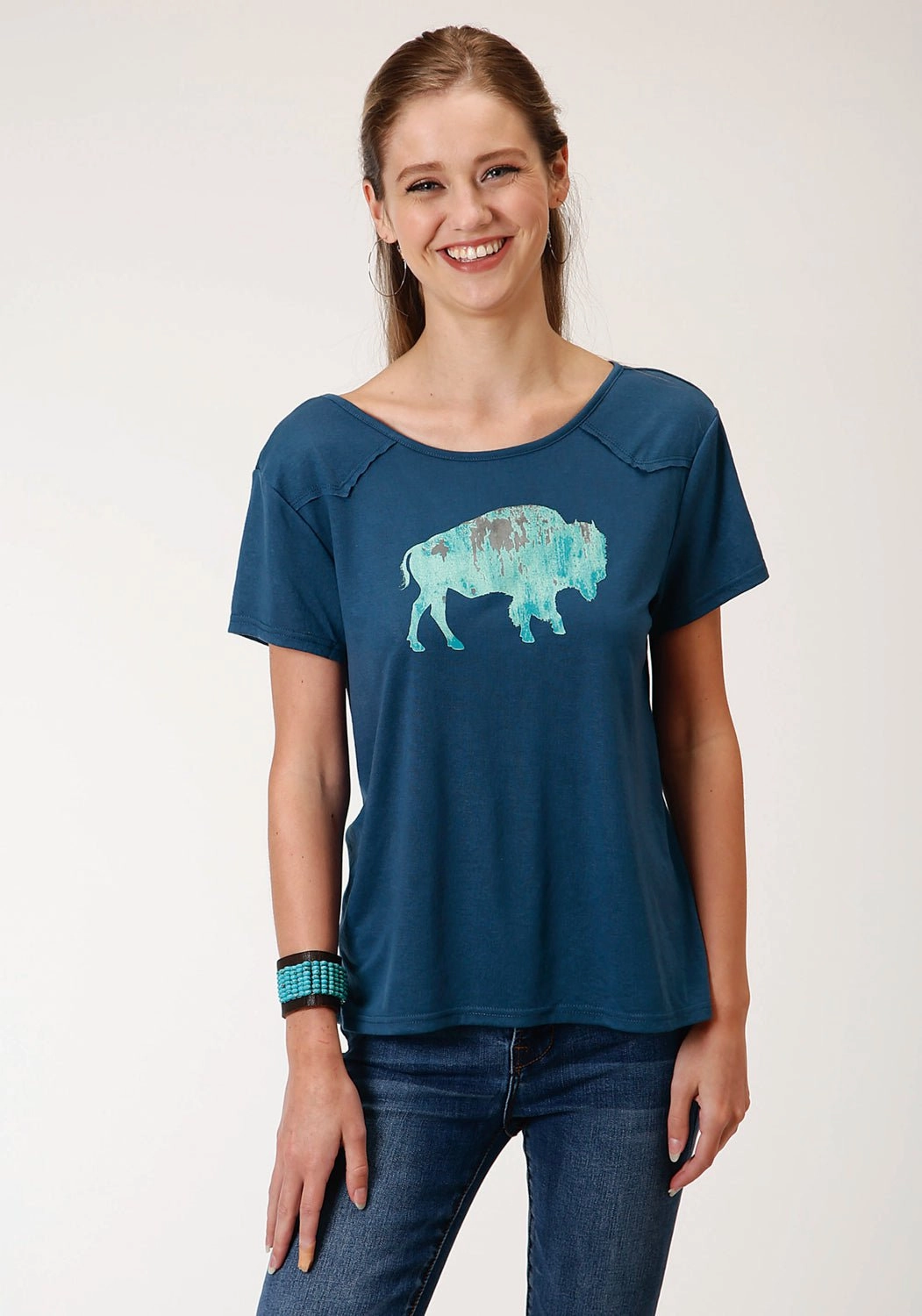 Roper Womens Navy Blue Poly/Rayon Buffalo Yoke S/S T-Shirt Sweat-Absorbing Personalized Touch
