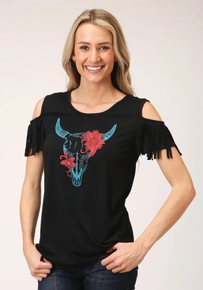 Roper Womens Black Poly/Rayon Cold Shoulder S/S Longhorn T-Shirt Relaxed Vibe Limited Edition