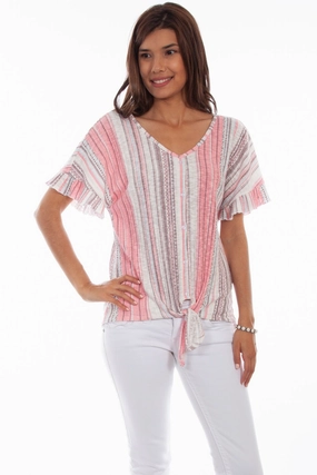 Classy Detail Military Inspired Scully Womens Clay/Coral Cotton Blend Tie Front S/S Blouse