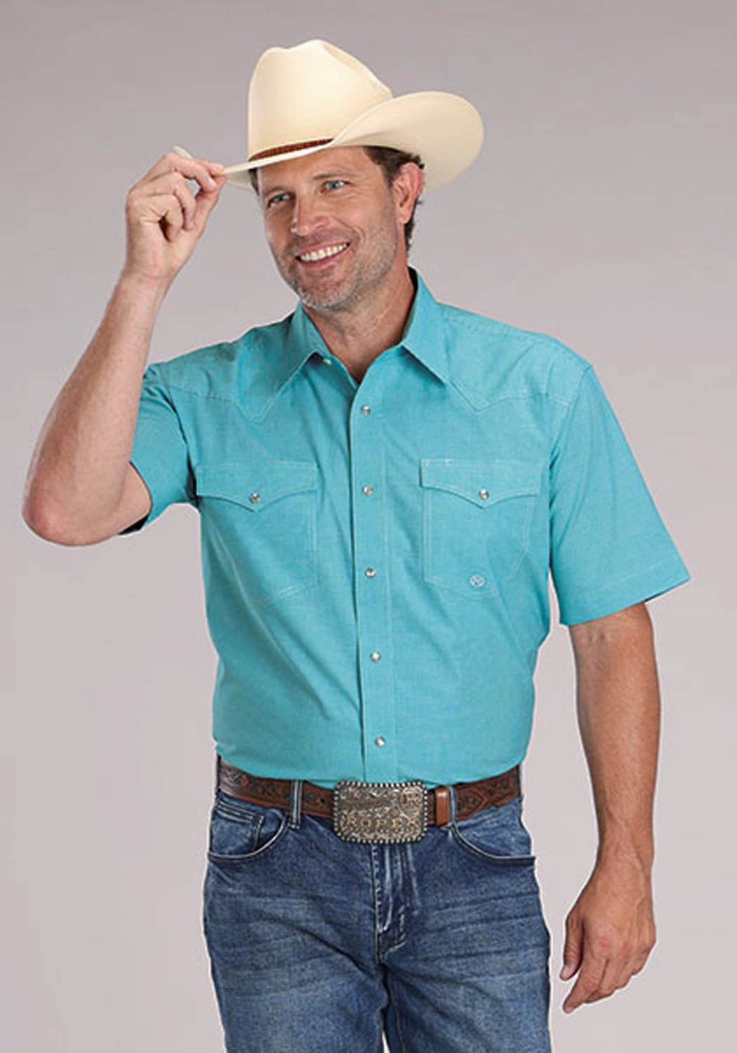 Ventilated Back Fall Fashion Roper Mens 2510 Stretch Mini Check Turquoise Cotton Blend S/S Shirt