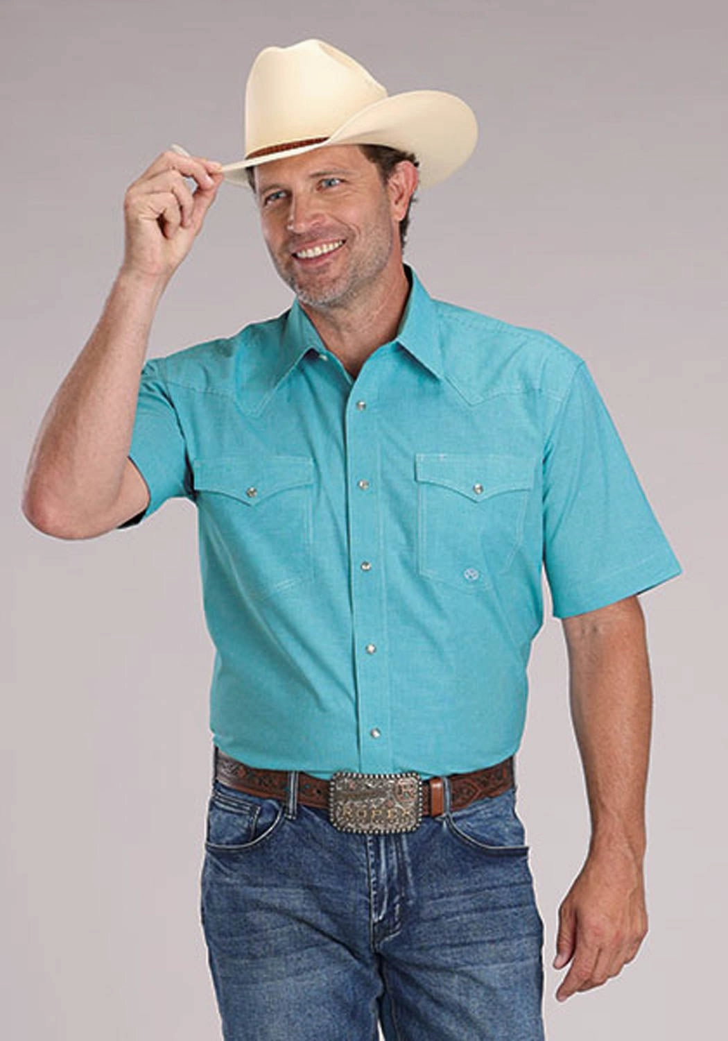 Roper Mens 2510 Stretch Mini Check Turquoise Cotton Blend S/S Shirt Mature Elegance Sheer Panel