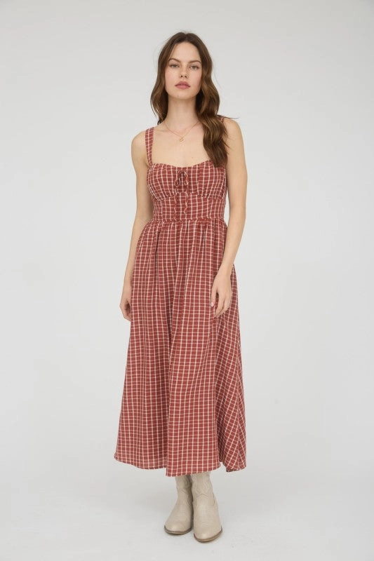 Comfort Mode Chill Base Penelope Plaid Corset Front Tie Sleeveless Midi Dress