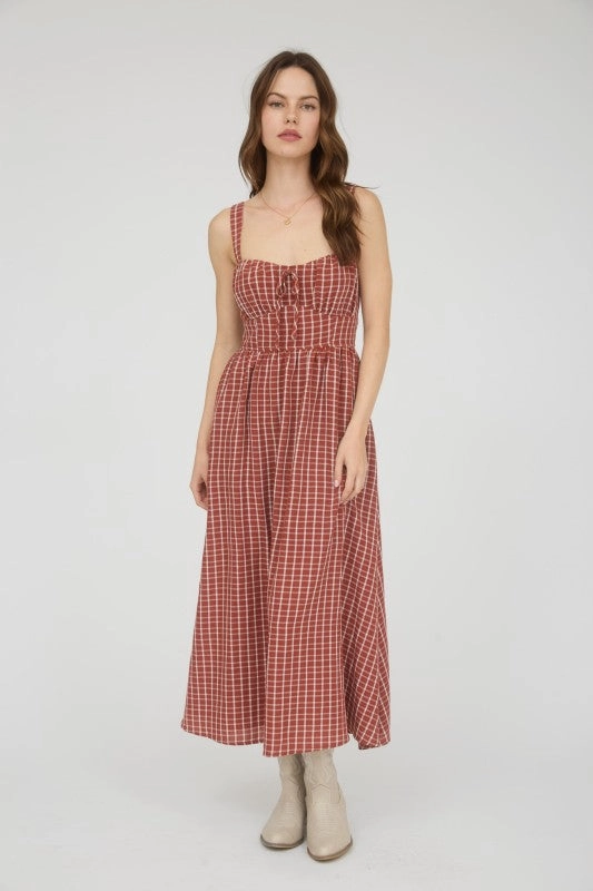 Penelope Plaid Corset Front Tie Sleeveless Midi Dress Moment Glow