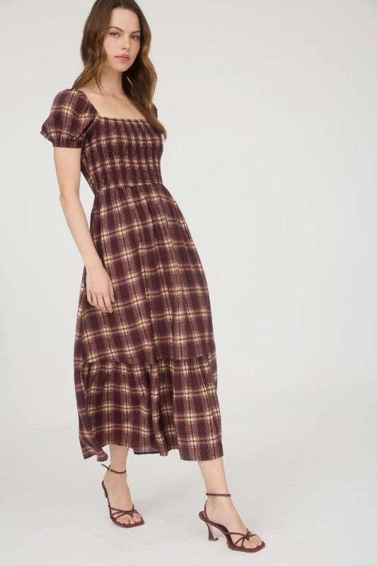 Polished Layer Light Wrap Vickie Plaid Smocked Puff Sleeve Ruffle Hem Midi Dress
