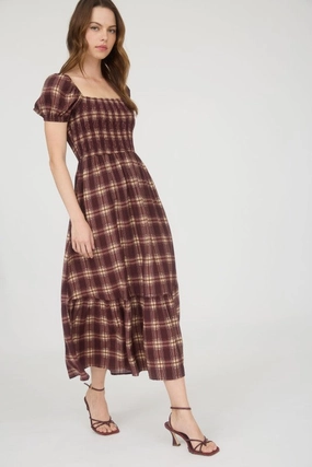 Vickie Plaid Smocked Puff Sleeve Ruffle Hem Midi Dress Soft Air