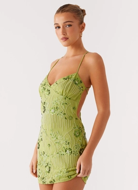 Vietta Sequin Cami Mini Dress - Lime Side Pleats
