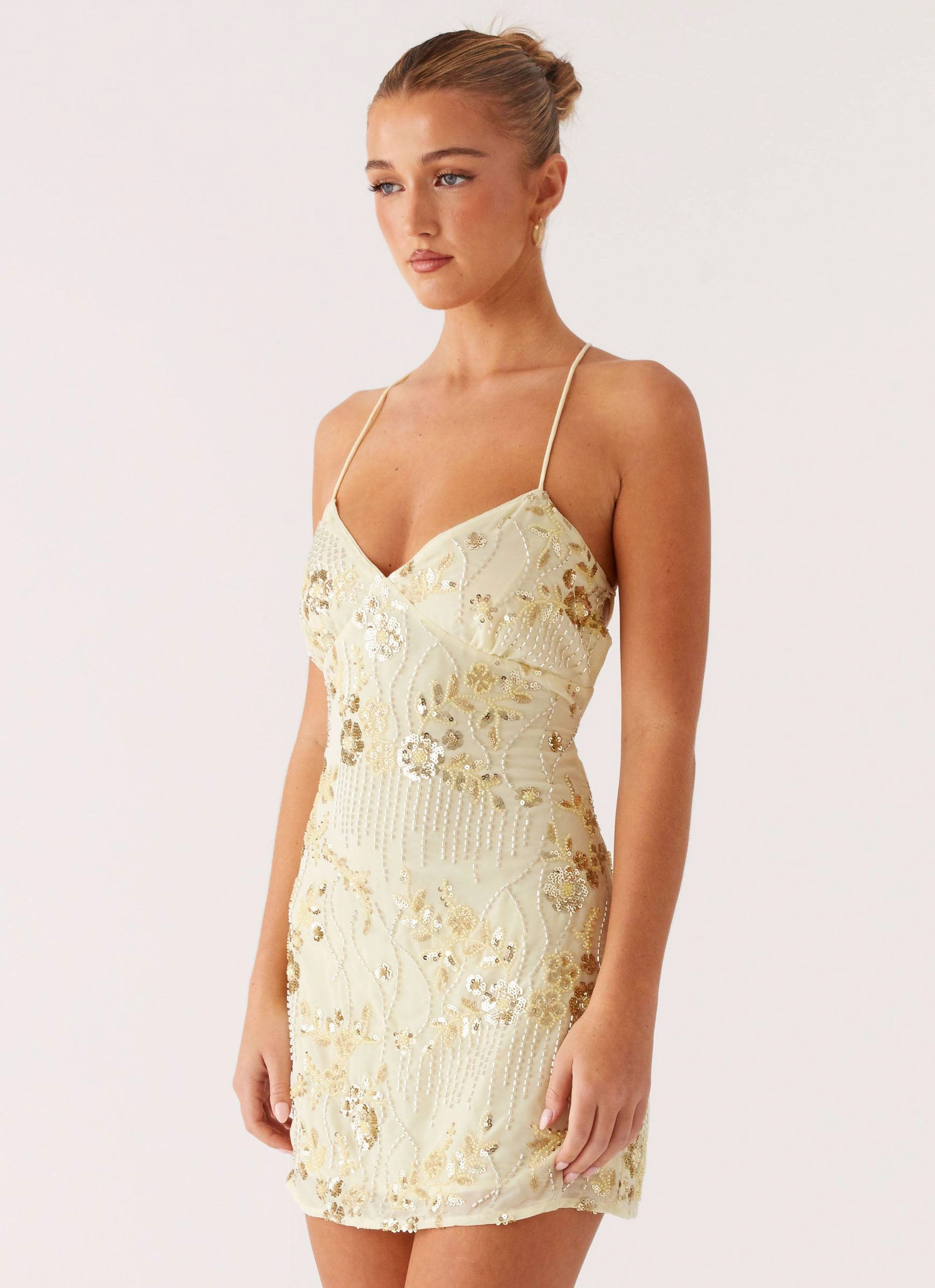 Date Vibe Fold-Over-Detail Vietta Sequin Cami Mini Dress - Yellow