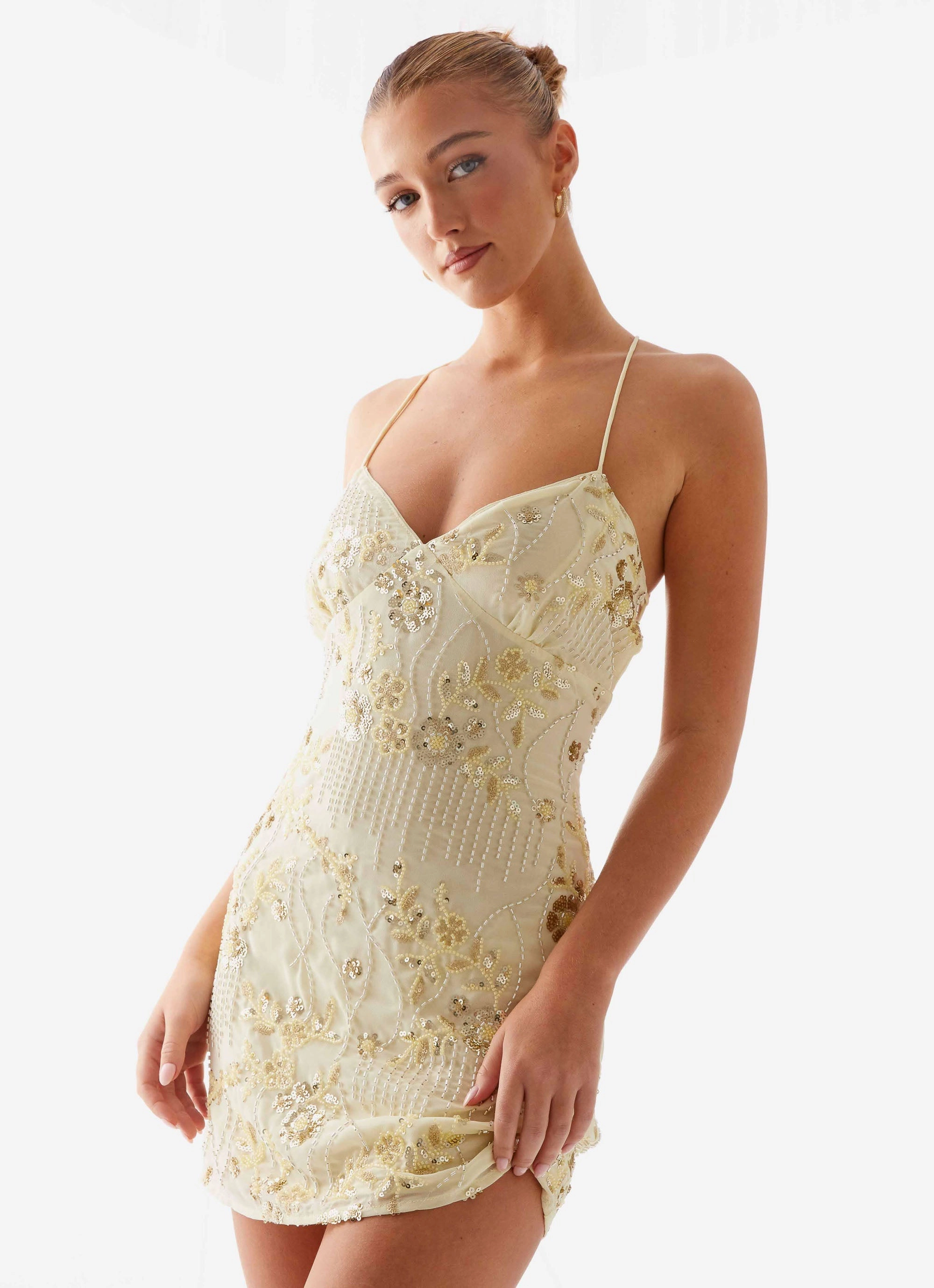 Cool Draping Fall Layer Vietta Sequin Cami Mini Dress - Yellow