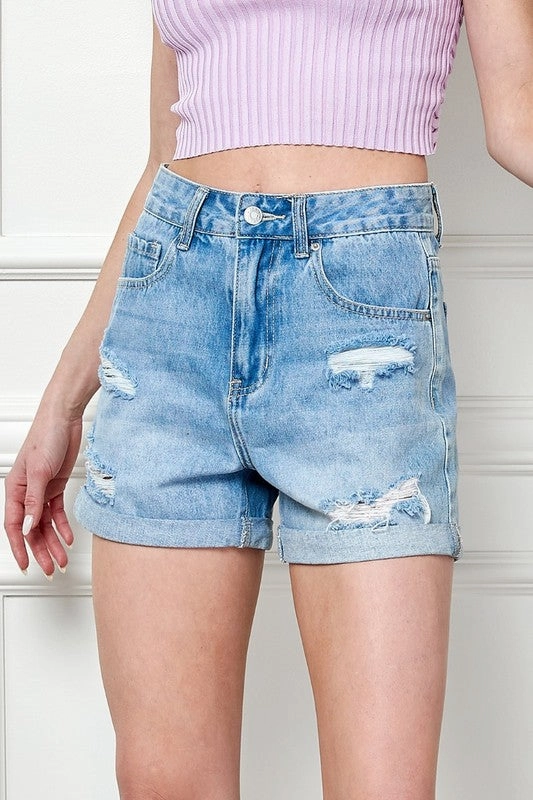 Low Bulk Construction belt Conner Washed Denim Distressed Roll Up Shorts
