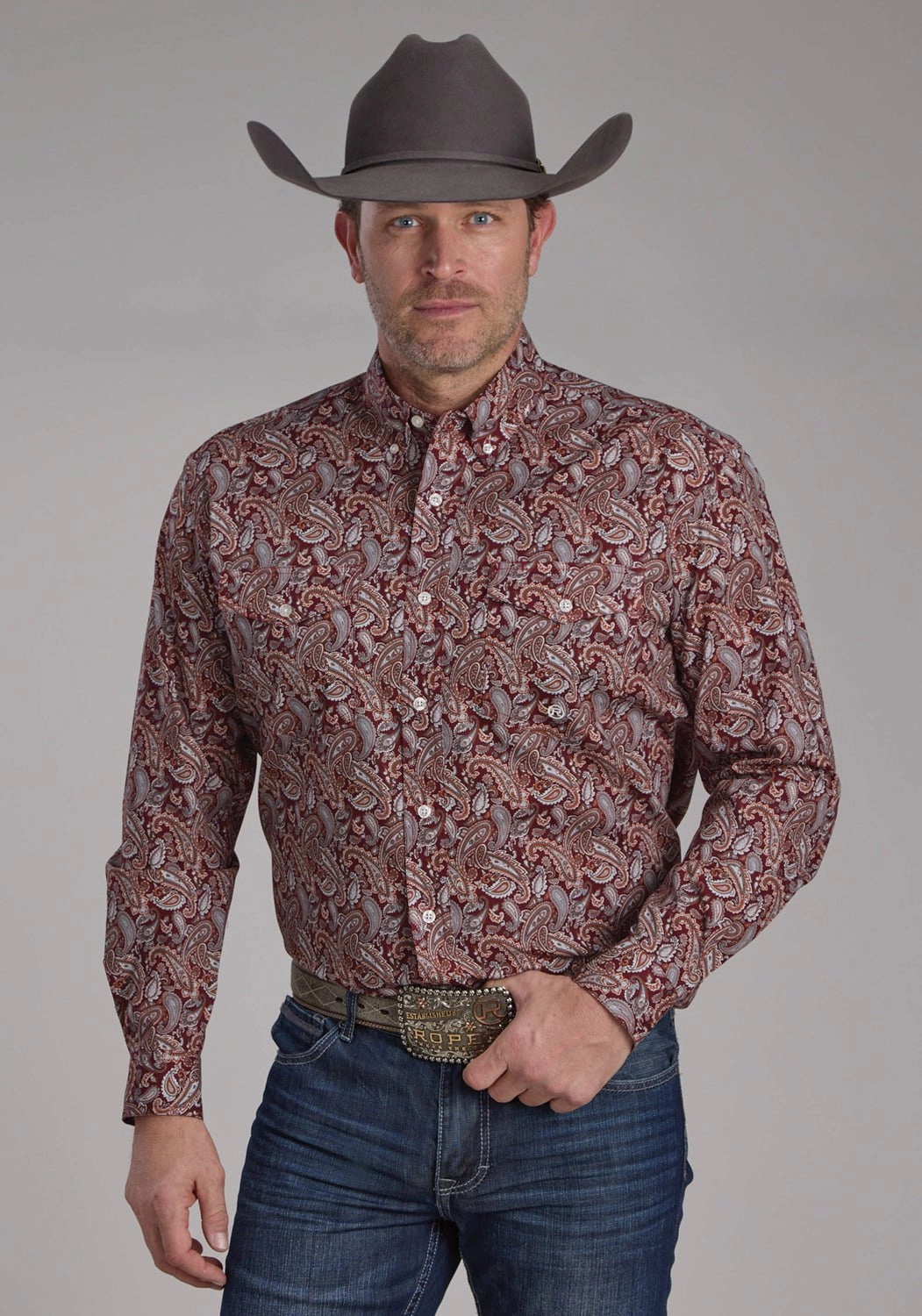 Roper Mens 2242 Sangria Paisley Wine 100% Cotton Btn L/S Shirt Neutral Tone