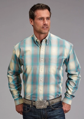 Limited Edition Stetson Mens 1927 Smoke Plaid Turquoise 100% Cotton 1 Pkt L/S Shirt