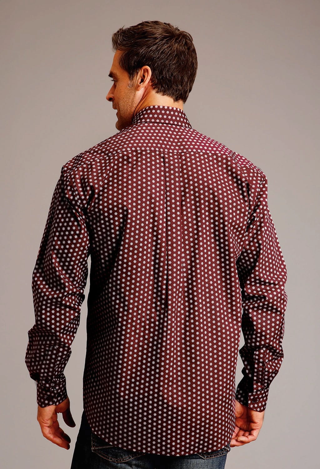 Stetson Mens Geometric Sunburst Wine 100% Cotton L/S Shirt Roll-Up Sleeve