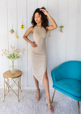 Elegant brunch outfit VIXEN HIGH NECK ANGLE HEM DRESS