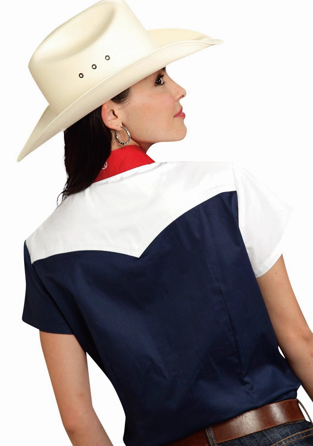 Versatile Piece Easy Care Material Roper Americana Ladies Blue 100% Cotton Colorblock S/S Flag Western Shirt