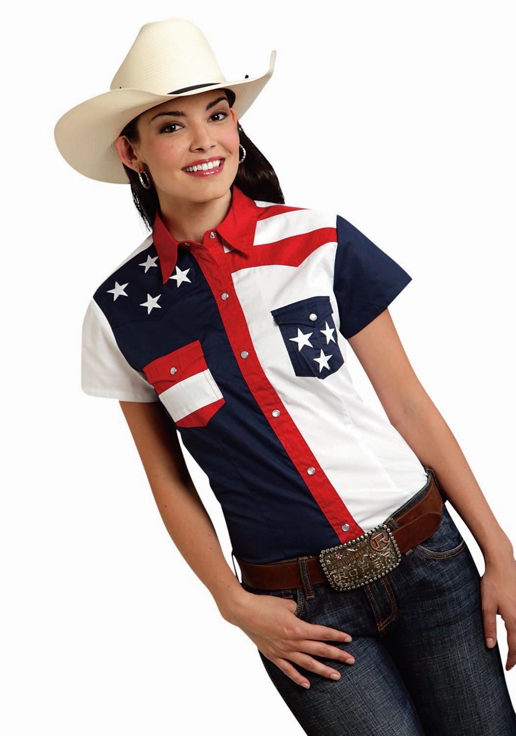 elegant design Gym Appropriate Roper Americana Ladies Blue 100% Cotton Colorblock S/S Flag Western Shirt