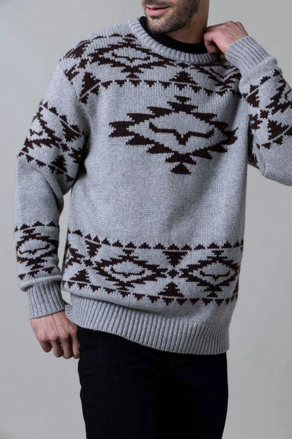 Kimes Ranch Mens Mescalero Crew Grey Heather Wool Blend Pullover Sweater Neutral Toned Stitching