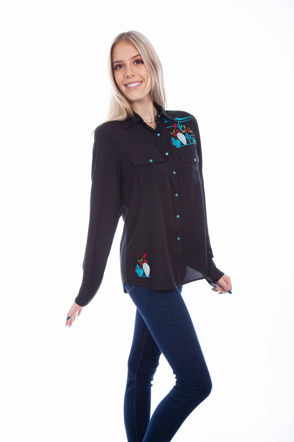 Distressed finish Scully Womens Cactus Embroidered Black 100% Viscose L/S Shirt