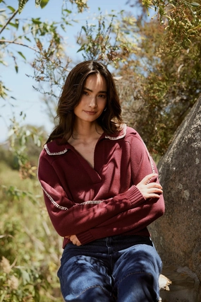 Recycled Material Blend Casual Knit Style Elly Sweater | Zinfandel / Ivory