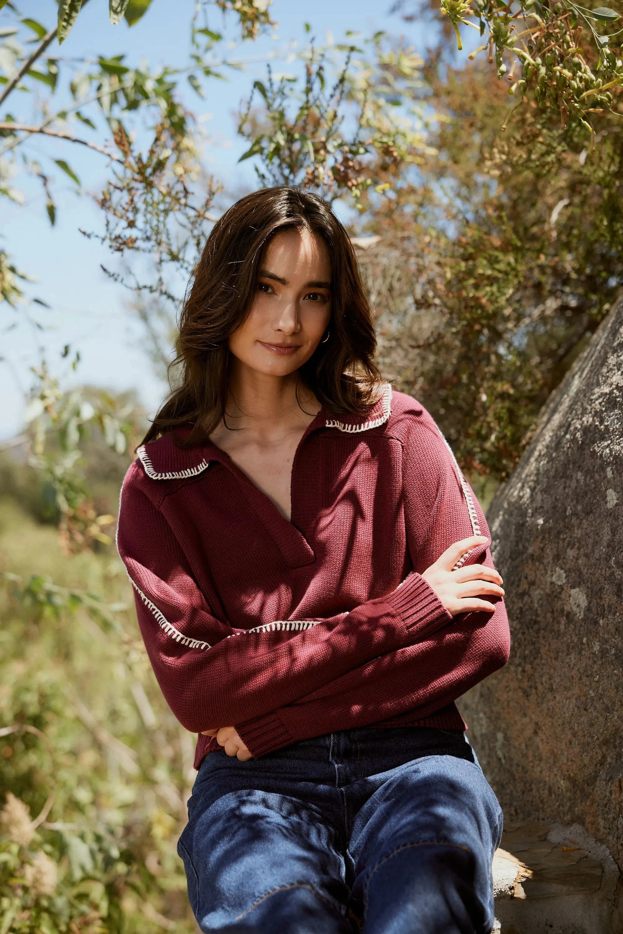 Recycled Material Blend Casual Knit Style Elly Sweater | Zinfandel / Ivory