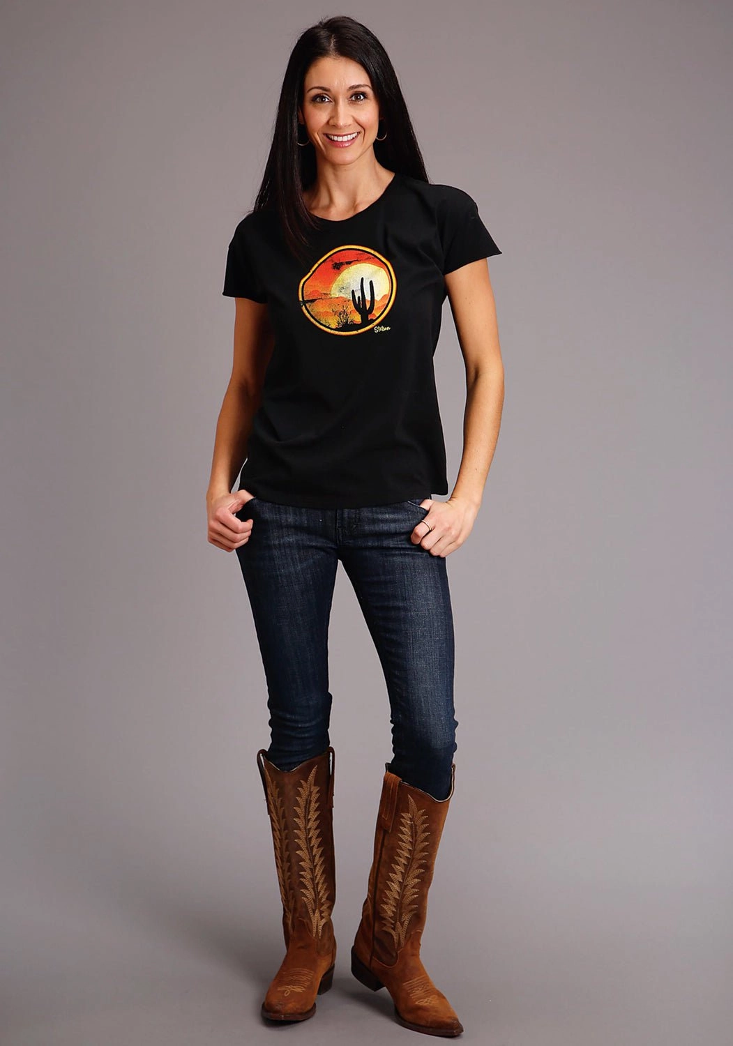 Stetson Womens Black 100% Cotton Cactus/Red Sunset S/S T-Shirt Autumn Look