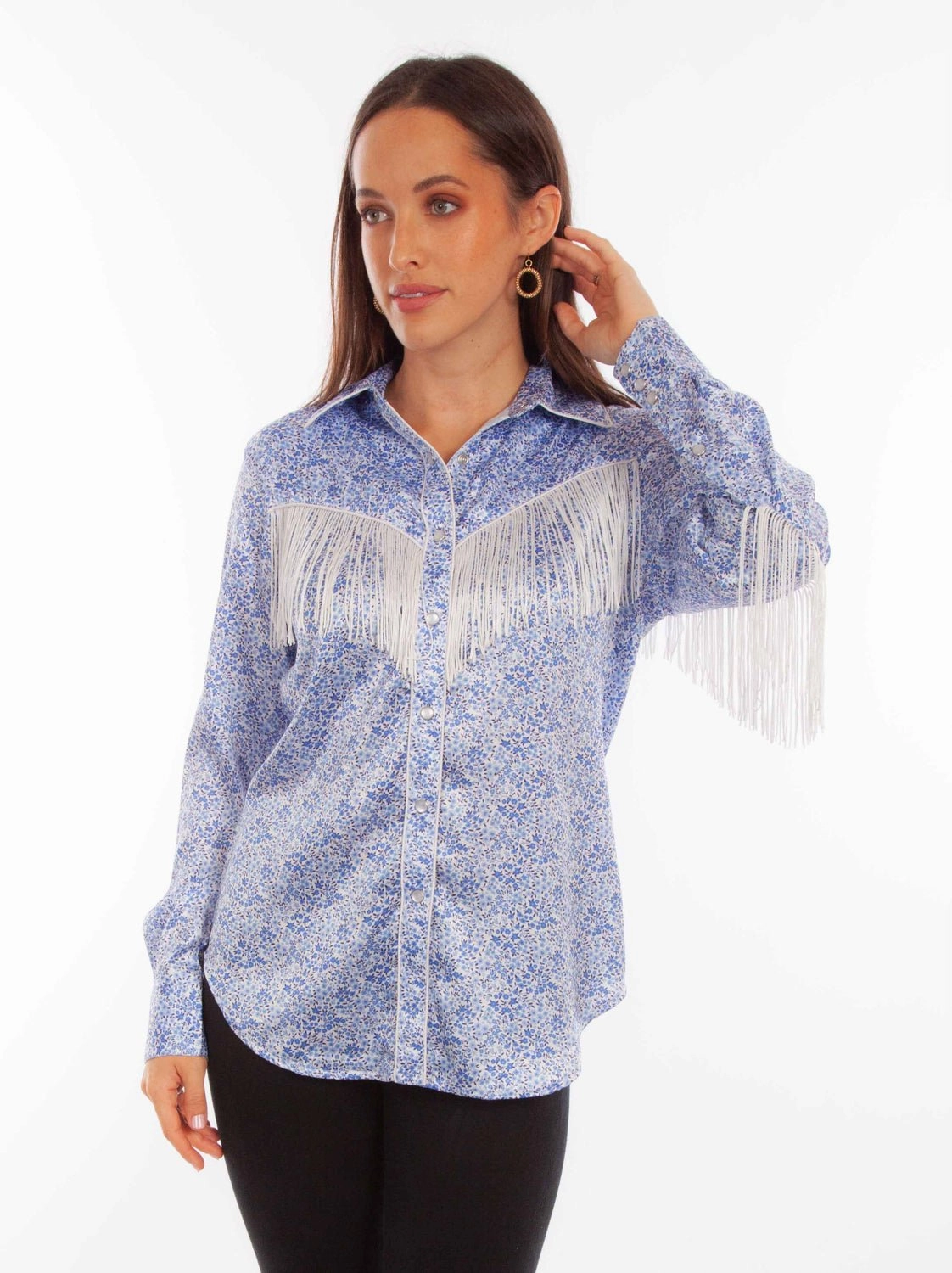 Gift Idea Scully Womens Rodeo Fringe Blue 100% Polyester L/S Blouse