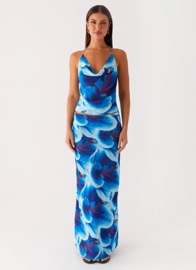 Another Life Chiffon Maxi Skirt - Turquoise Floral Soft Focus Lined interior