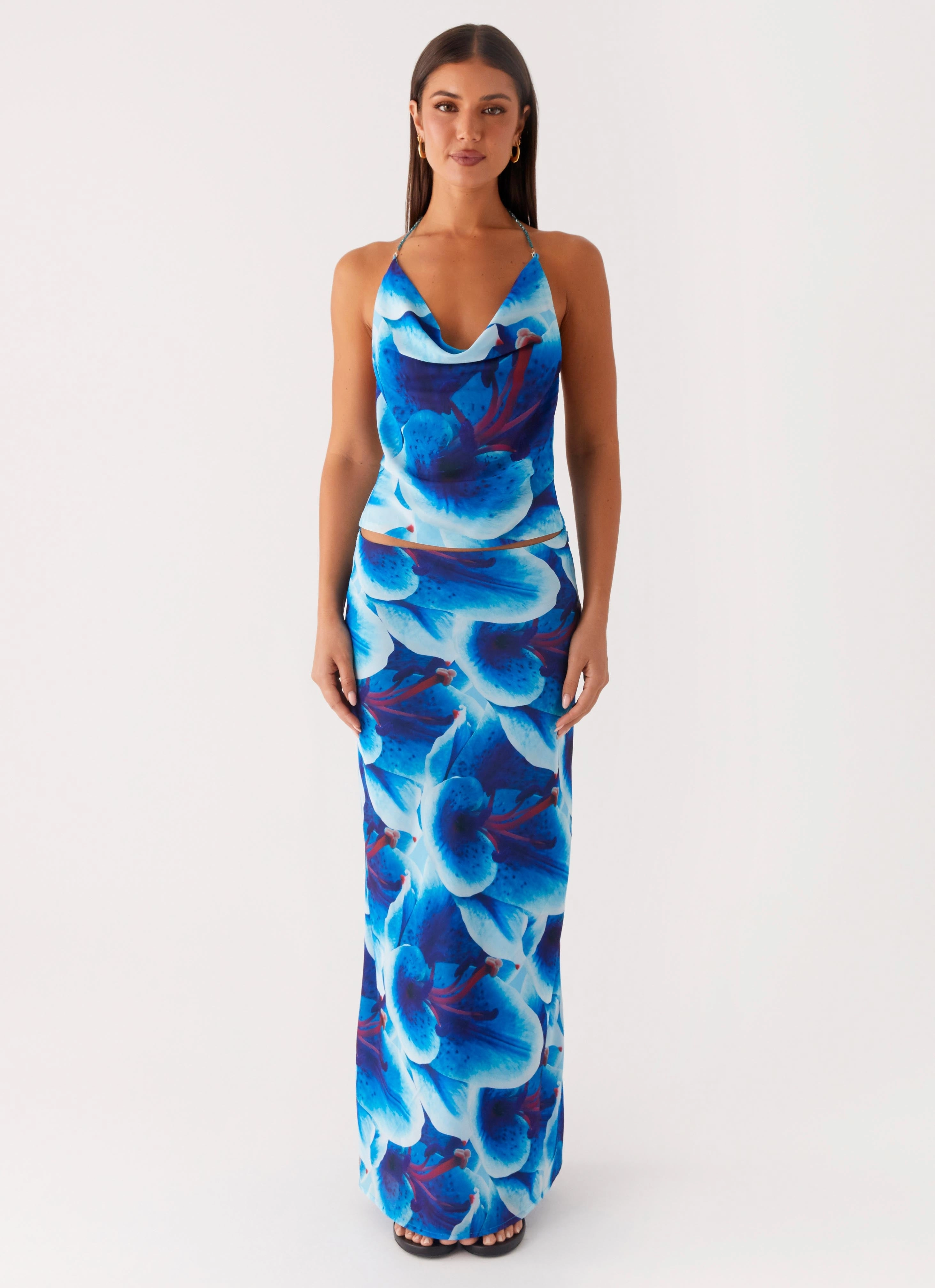 Another Life Chiffon Maxi Skirt - Turquoise Floral Soft Focus Lined interior