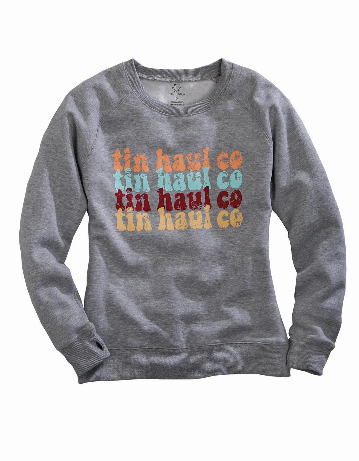 Tin Haul Womens Grey Cotton Blend Multi-Color Logo Sweatshirt Cozy Midweight Fabric Merino Wool