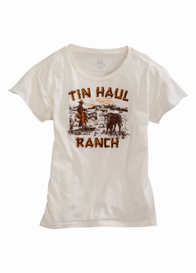 Tin Haul Womens White 100% Cotton Ranch Scene S/S T-Shirt Adjustable Cuff Closure