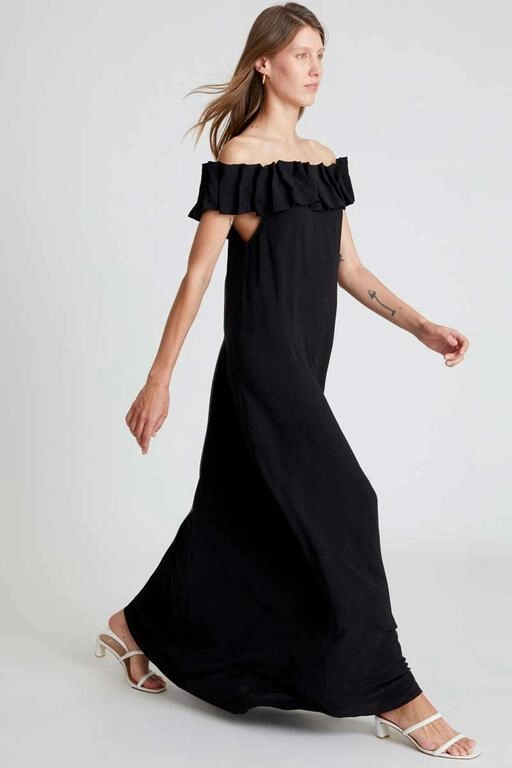 Ruffle Off Shoulder Maxi Dress in Black Perfect Comfort Wear