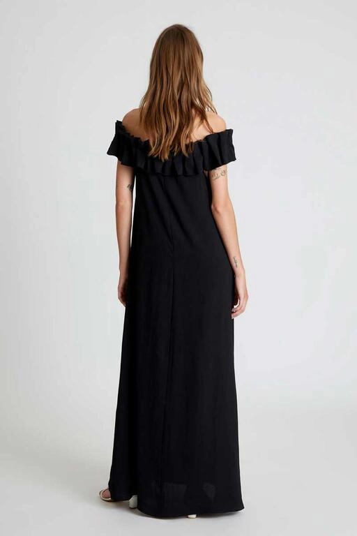 Feminine Line Trendy wrap gown Ruffle Off Shoulder Maxi Dress in Black