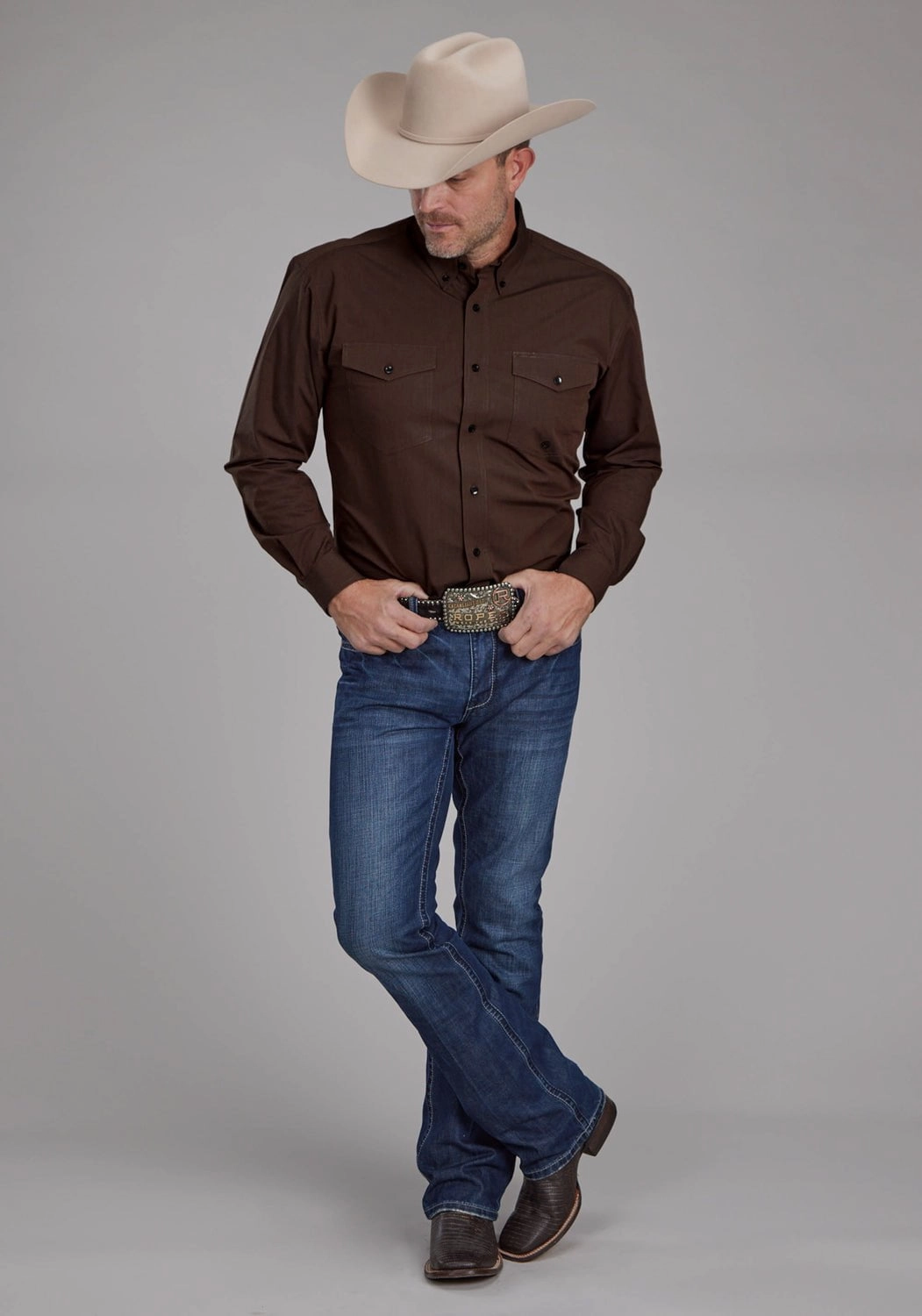 Water Repellent Finish Roper Mens 2162 Black Fill Brown 100% Cotton Btn L/S Shirt