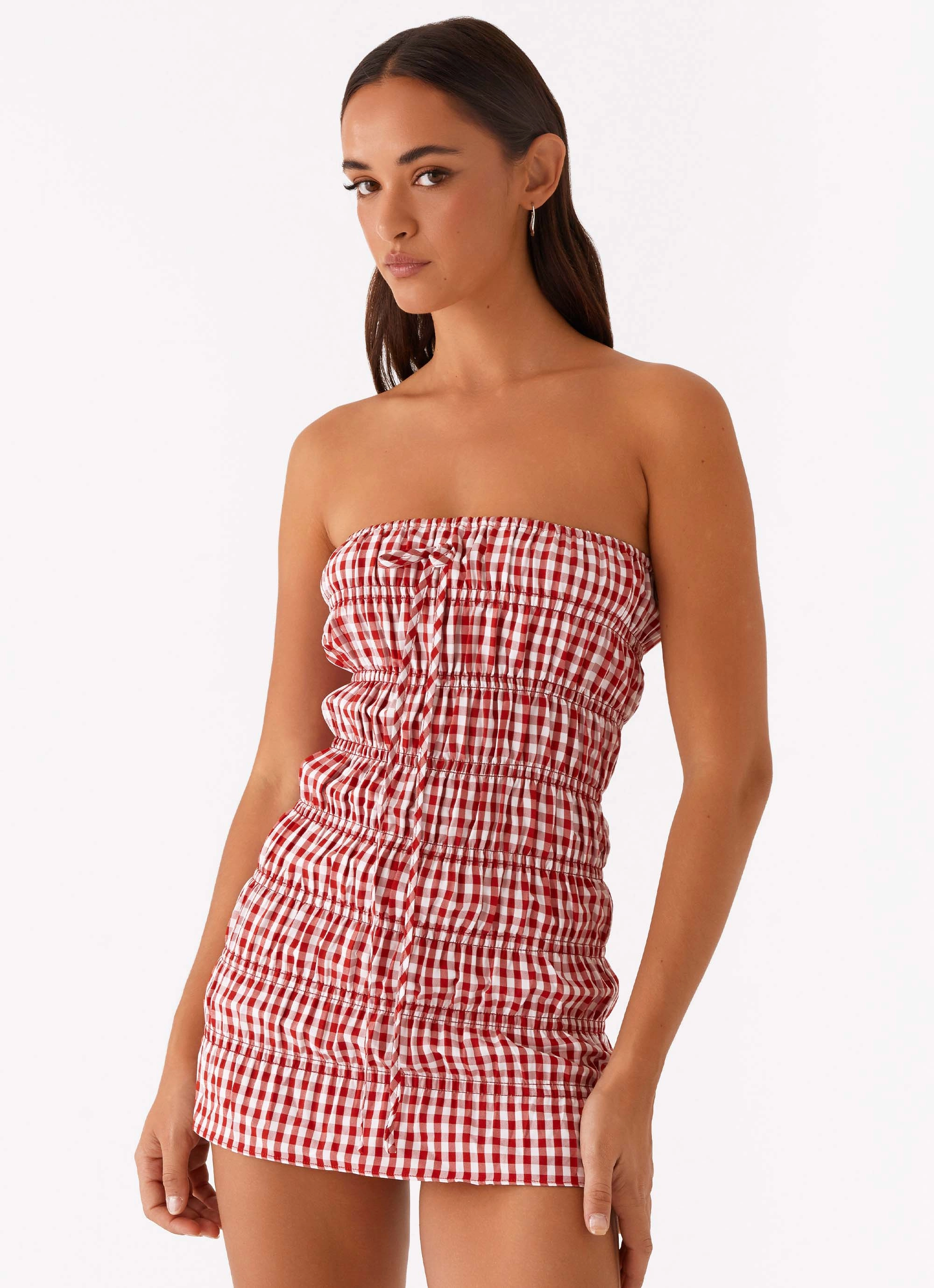 Comfy Wear Bishop-Sleeve Adele Mini Dress - Red Gingham
