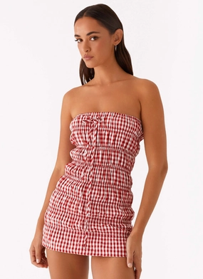 Comfy Wear Bishop-Sleeve Adele Mini Dress - Red Gingham