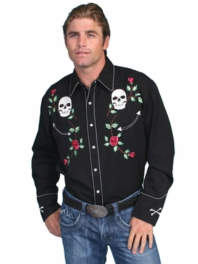 Scully Western Mens Black Polyester L/S Skull Roses Western Shirt Luxurious Feel Waffle Weave