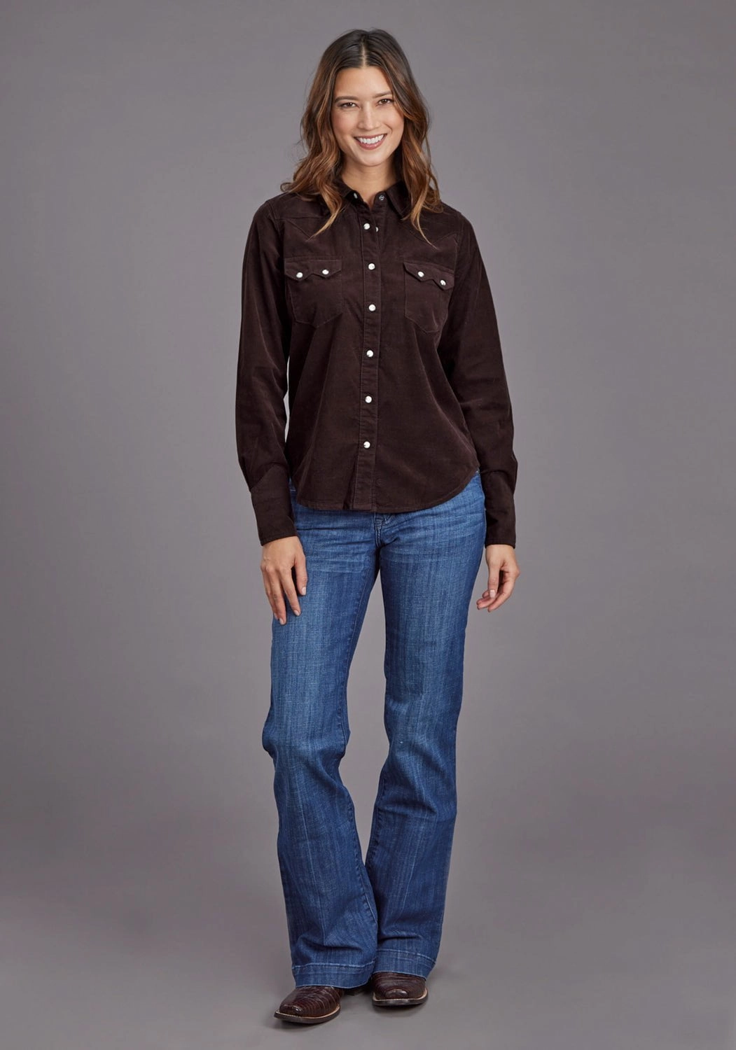 Festive Look Streamlined Design Stetson Womens Corduroy Denim Brown 100% Cotton L/S Shirt