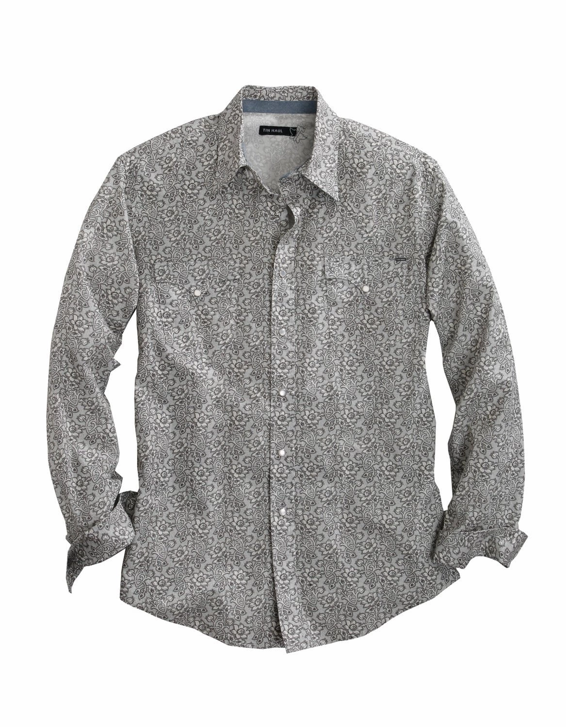 checkered pattern Tin Haul Mens Grey 100% Cotton Vintage Floral L/S Shirt