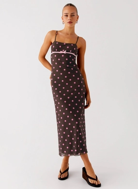Latto Midi Dress - Chocolate Strawberry Dot Eye Catching Dropped-Waist