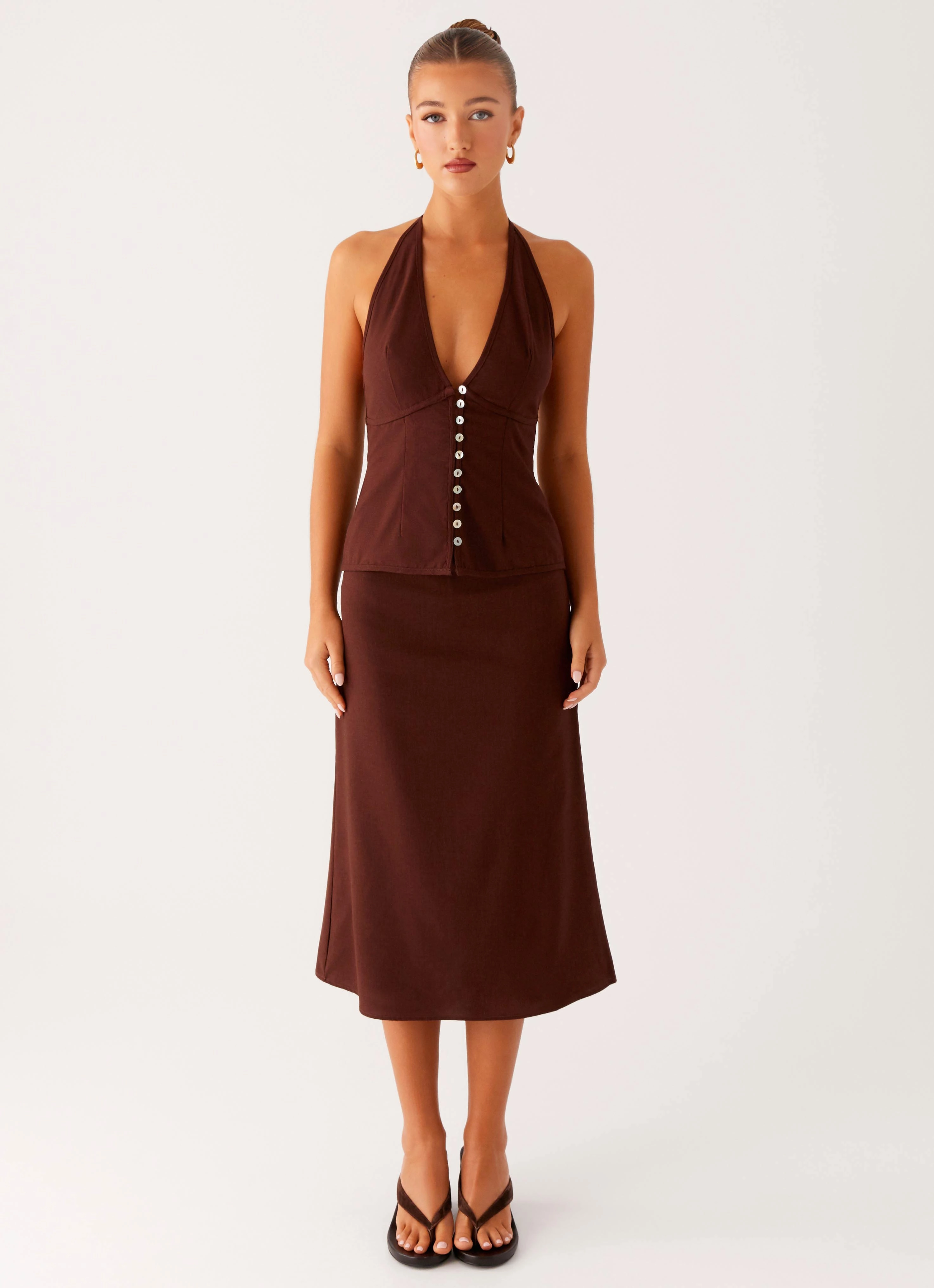 Rolled Hem Esther Midi Skirt - Chocolate