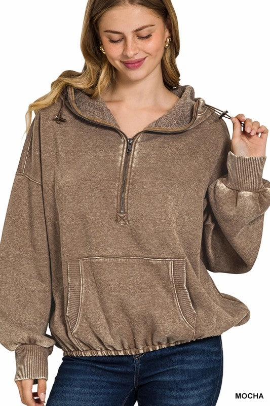 product gym readiness Wendy Washed Drawstring Hem Half Zip Kangaroo Hoodie