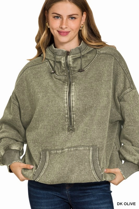 Wendy Washed Drawstring Hem Half Zip Kangaroo Hoodie product ring elegance
