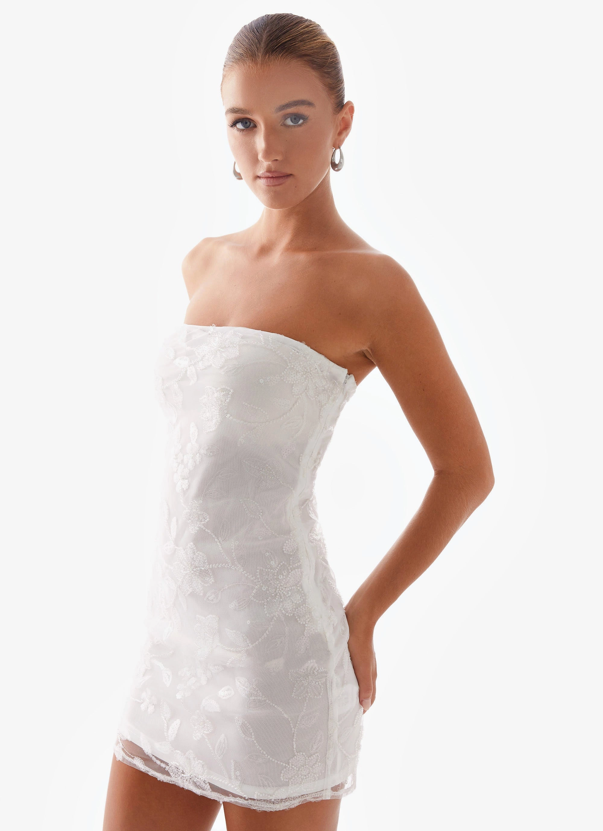 Sunset Glow Classic Layering Moorey Beaded Mini Dress - White Silver